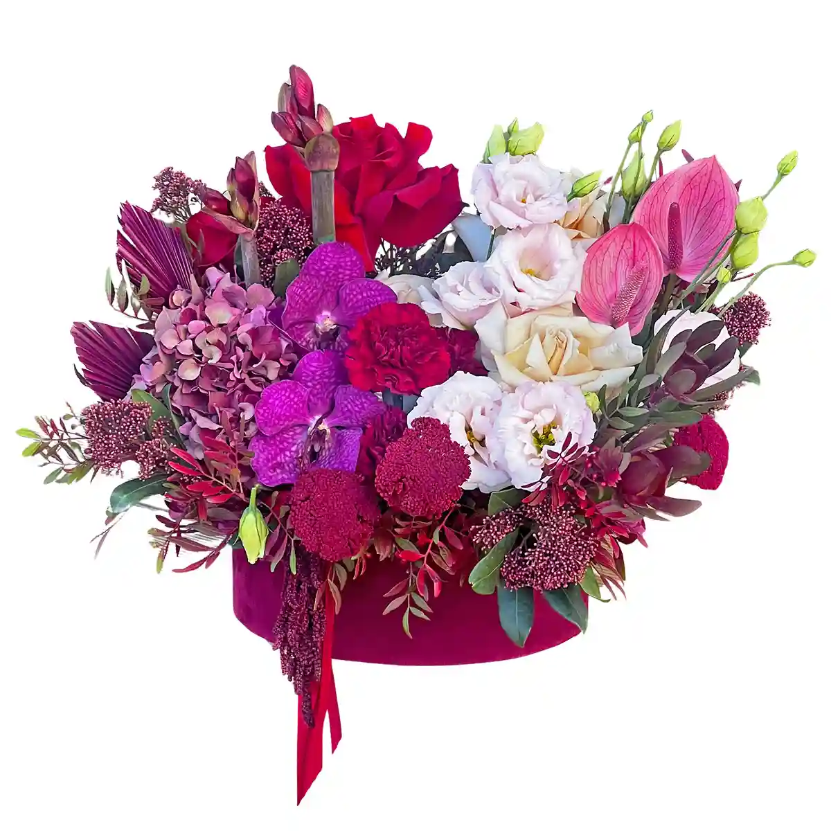 Aranjamente Flori Mixte in Baia Mare - Cutie cu trandafiri, orhidee Vanda si hortensie mov-roz, Fleurange Baia Mare