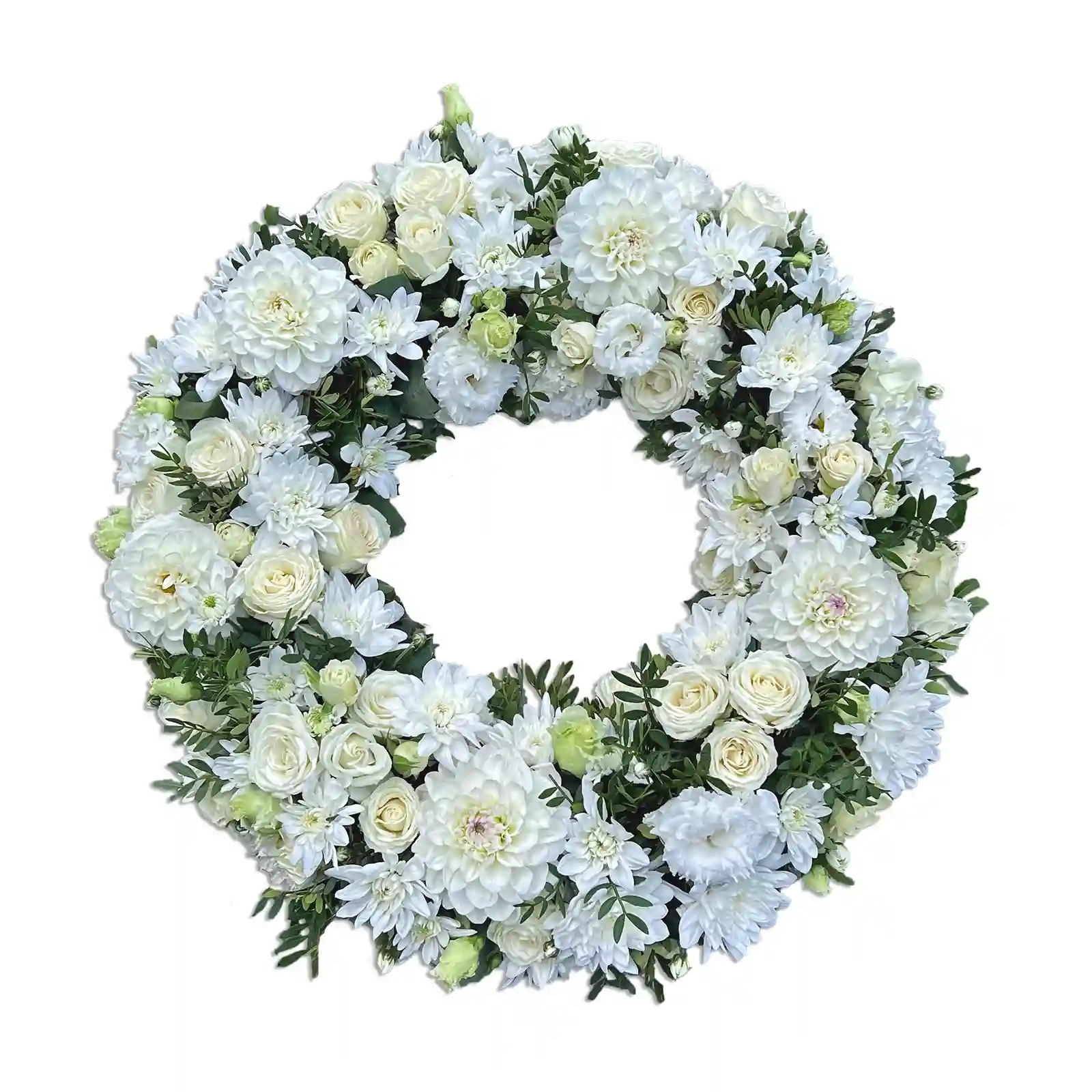 Aranjamente Funerare - Jerba Funerara cu Flori Albe – chrysanteme dahlia lisianthus mini-rosa, Fleurange Baia Mare