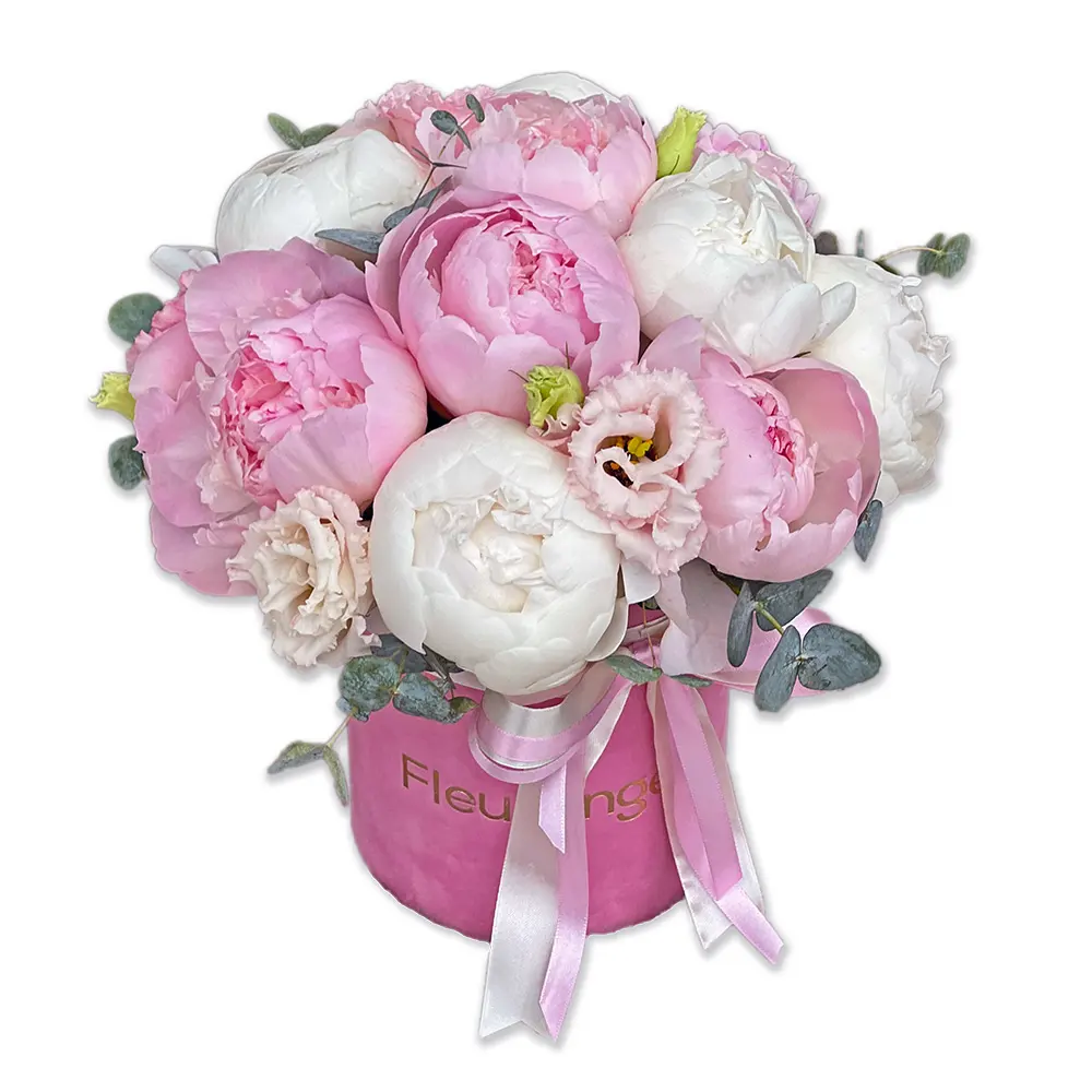 Flori Pentru Sotie - The Peony Box – 11 Bujori Roz în Cutie Catifea, Fleurange Baia Mare