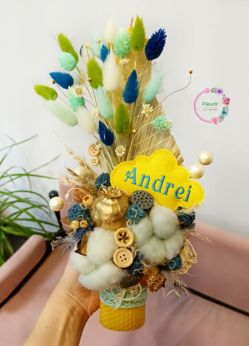 Lumânare Botez Aurie Cu Decor în Nuanțe de Albastru și Verde [1]