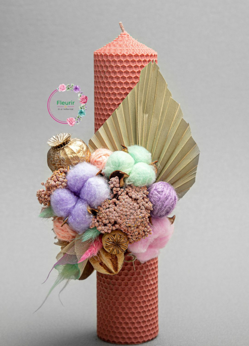 Lumânare Botez Roz-Pudrat cu Bumbac Pastelat și Frunze Aurite [1]