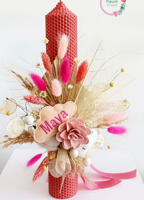 Lumânare Botez – Decor Roz Cu Nume Personalizat [1]