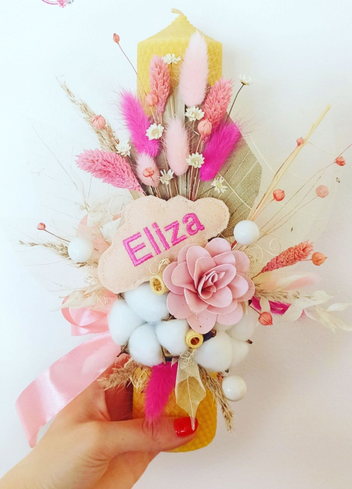 Lumânare Botez Galbenă – Decor Roz Cu Nume Personalizat [1]