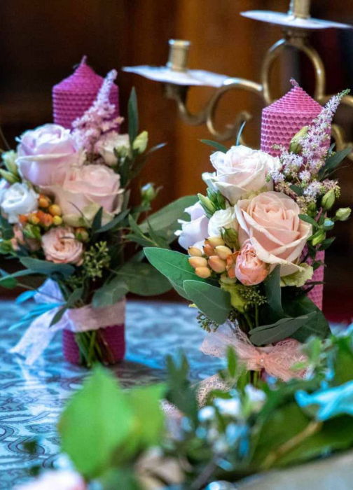 Lumânare Botez Roz Cu Trandafiri și Aranjament Floral [2]