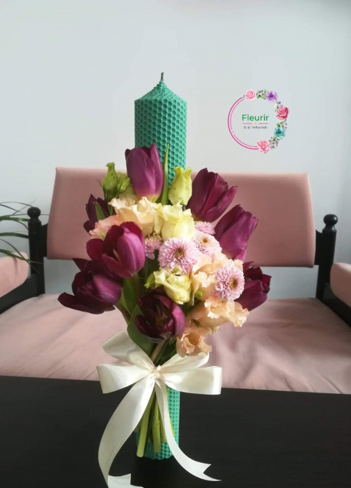 Lumânare Botez din Ceară Naturală Verde cu Lalele Mov [1]