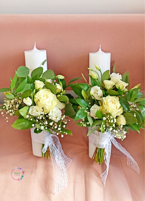 Lumânări Cununie cu Trandafiri Albi și Verdeață Naturală [2]