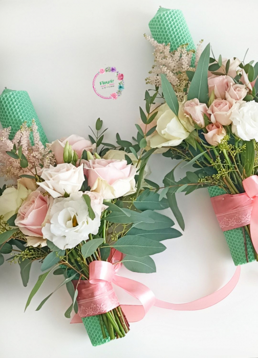 Lumânări de Cununie cu Flori Naturale în Nuanțe de Roz și Alb [3]