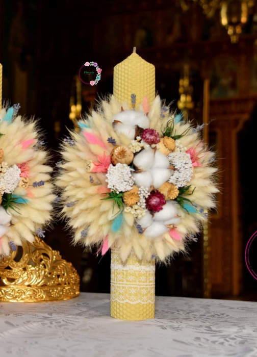 Pereche Lumânări Cununie cu Flori Uscate și Bumbac [2]