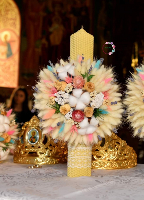 Pereche Lumânări Cununie cu Flori Uscate și Bumbac [1]