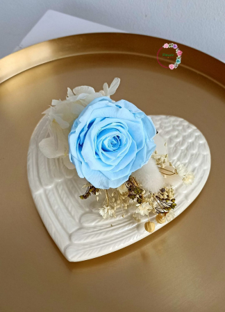 Nuntă - Cocardă cu Trandafir Criogenat - Albastru si Alb