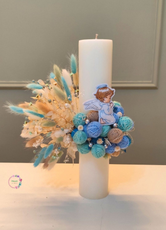 Flori Uscate/Criogenate - Lumânare Botez Albă Cu Înger Brodat – Decor Pastelat Elegant