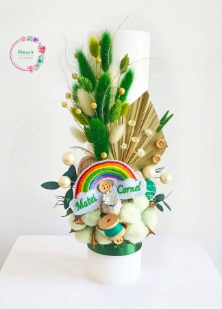 Flori Uscate/Criogenate - Lumânare Botez Albă – Decor Verde Cu Curcubeu Personalizat