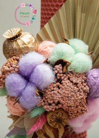 Lumânare Botez Roz-Pudrat cu Bumbac Pastelat și Frunze Aurite [1]