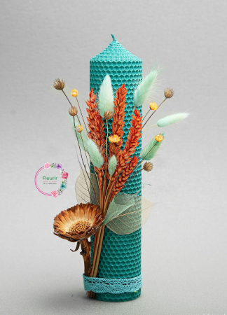 Lumânare Botez Turcoaz cu Flori Uscate și Decor Elegant [0]