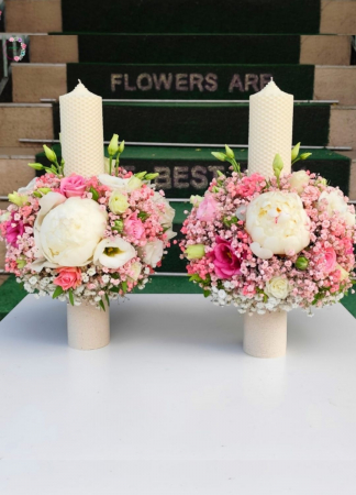 Flori Naturale - Lumânare botez/cununie cu bujori albi și miniroze roz