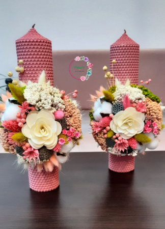 Lumânare Botez Roz Cu Flori Artizanale și Detalii Naturale [2]