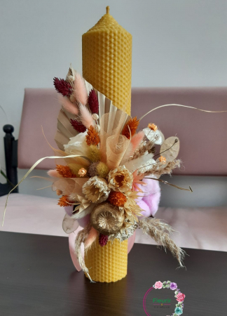 Lumânare Botez Galbenă Cu Flori Uscate și Accente Elegante [3]