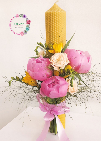 Flori Naturale - Lumânare Botez din Ceară Naturală cu Bujori Roz