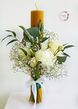 Flori Naturale - Lumânare Botez din Ceară Naturală Cu Bujor și Trandafiri