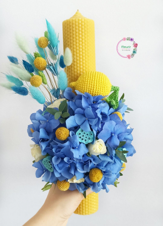 Lumânări Botez - Lumânare Botez din Ceară Naturală cu Hortensii Albastre și Flori uscate