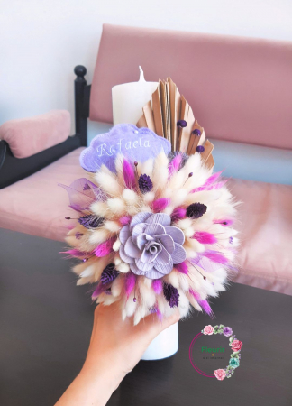 Lumânări Botez - Lumânare Botez Mov Cu Flori Uscate și Accente Naturale