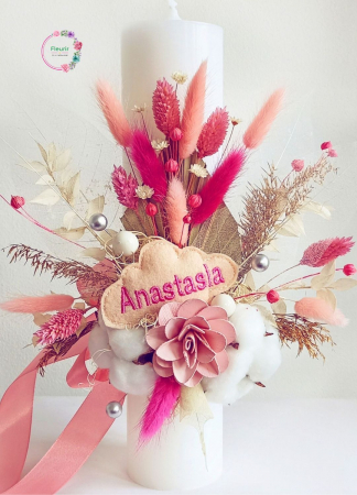 Lumânări Botez - Lumânare Botez Personalizată cu Flori Uscate și Panglică Roz