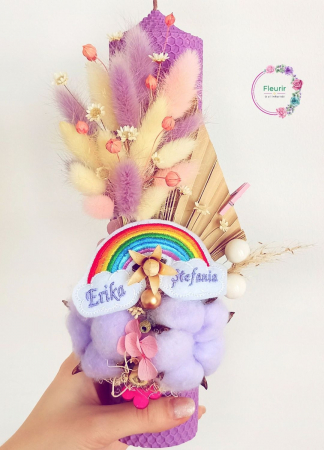 Flori Uscate/Criogenate - Lumânare Botez Mov cu Curcubeu și Flori Uscate
