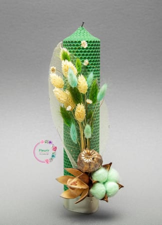Lumânări Botez - Lumânare Botez Naturală cu Accente Florale în Nuanțe de Verde