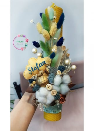 Botez - Lumânare Botez Personalizată cu Numele Ștefan și Elemente Naturale