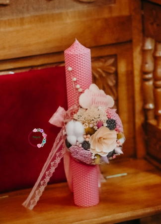 Flori Uscate/Criogenate - Lumânare Botez Roz Cu Accente Florale Delicate