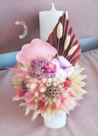 Lumânări Botez - Lumânare Botez Roz Cu Flori Uscate și Accente Elegante