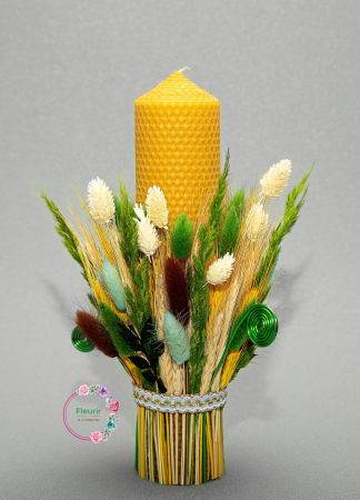 Lumânări Botez - Lumânare Botez Rustică Cu Spice și Flori Uscate