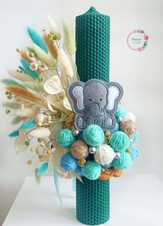 Flori Uscate/Criogenate - Lumânare Botez Verde Cu Aplicație Elefant – Rafinament și Originalitate