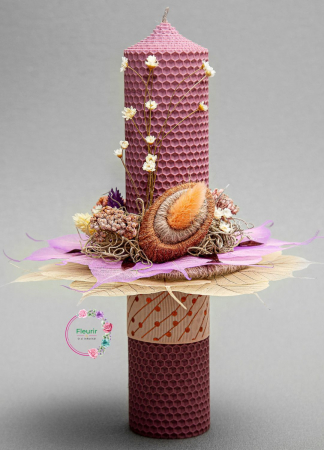 Lumânări Botez - Lumânare Botez Violet-Prună cu Flori Fine și Frunze Presate