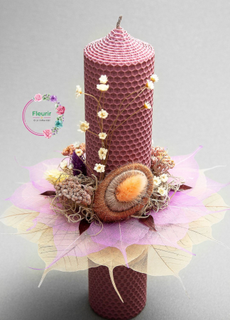 Lumânare Botez Violet-Prună cu Flori Fine și Frunze Presate [1]