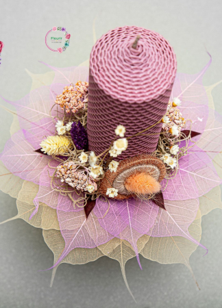 Lumânare Botez Violet-Prună cu Flori Fine și Frunze Presate [4]