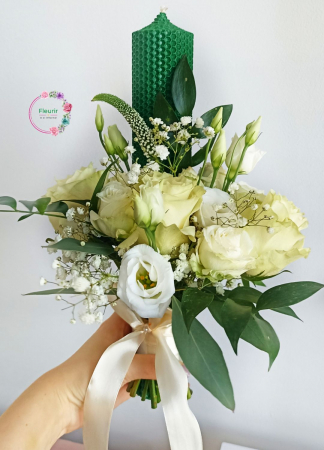 Flori Naturale - Lumânări Cununie din Ceară Verde cu Trandafiri și Lisianthus