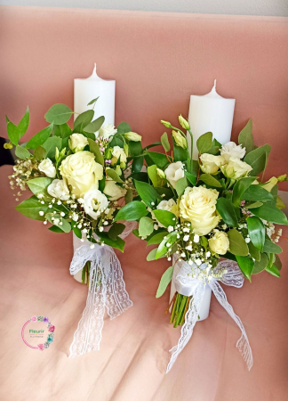 Flori Naturale - Lumânări Cununie cu Trandafiri Albi și Verdeață Naturală