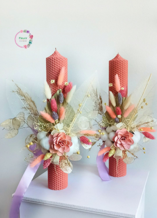 Flori Uscate/Criogenate - Lumânări de Cununie cu Flori Uscate, Bumbac și Detalii Florale din Lemn