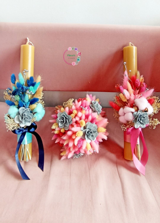 Pereche Lumânări Cununie cu Flori Uscate și Detalii Metalice [1]