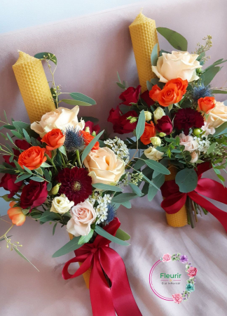 Flori Naturale - Lumânări Cununie cu Aranjamente Florale în Tonuri de Roșu și Crem