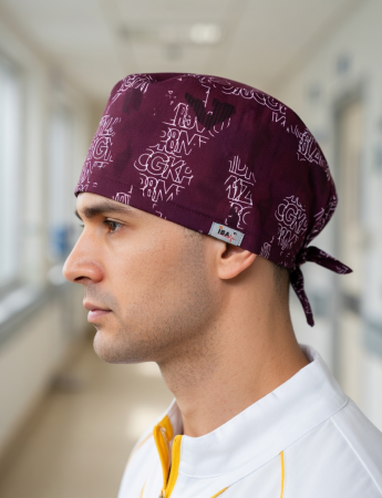 Bonete medicale - Bonetă Medicală Chirurgicală Vișiniu cu Imprimeu Nurse Medic - Terikoton Subțire Respirabil, Marime Universală + Bandă Bumbac Anti-Transpirație