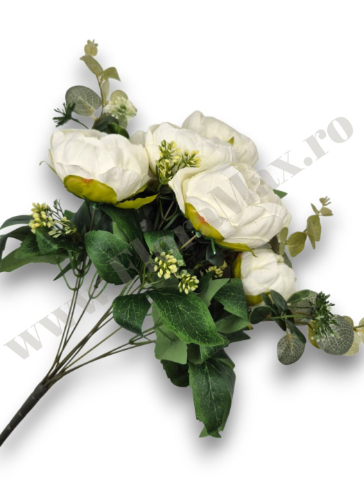 buchet mare bujori artificiali si verdeata alb ivoire 10 fire [3]