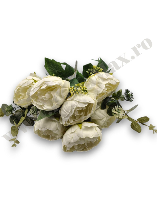 buchet mare bujori artificiali si verdeata alb ivoire 10 fire [2]