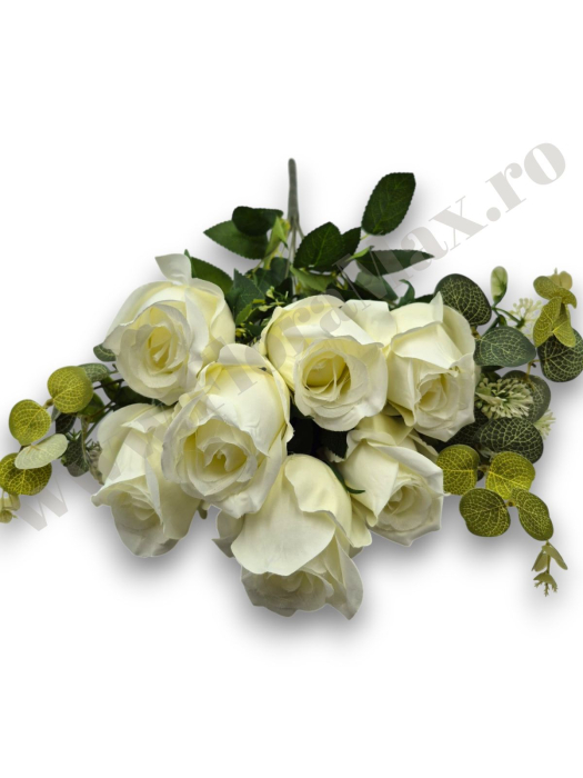 buchet mare trandafiri artificiali alb ivoire 48 cm 10 fire [3]