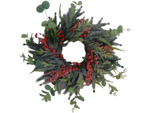 Coronita Craciun din brad verde, eucalipt si bilute rosii 42 cm [1]