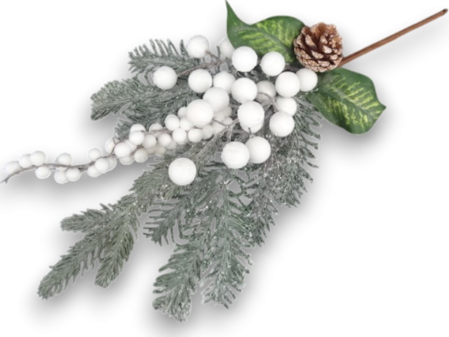 Creanga decorativa Craciun cu bile albe ilex alb brad nins si con brad 45 cm [1]