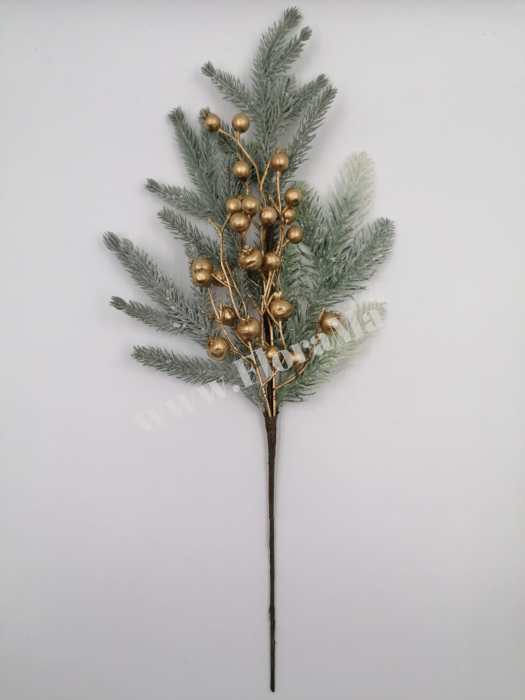 Creanga Craciun  din brad nins pentru decoratiuni aranjamente cu bilute aurii 52 cm [2]
