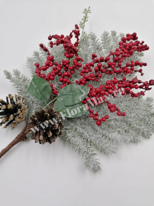 Creanga Craciun  din brad nins pentru decoratiuni aranjamente cu bilute rosii, ilex si conuri brad 48 cm [1]