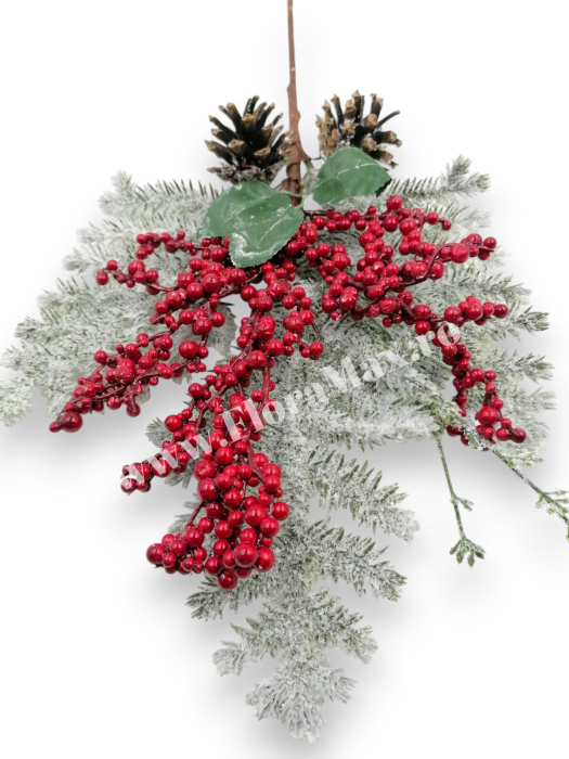 Creanga Craciun  din brad nins pentru decoratiuni aranjamente cu bilute rosii, ilex si conuri brad 48 cm [3]